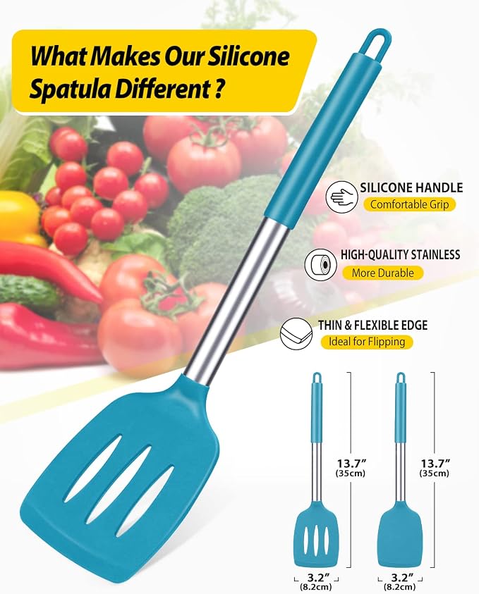 Pack of 2 Silicone Solid Turner, Non Stick Slotted Kitchen Spatulas, High Heat - Image 2