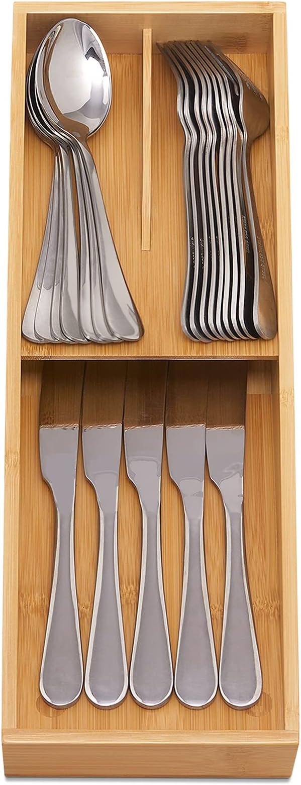 guiogc Bamboo Silverware Drawer Organizer, Kitchen Cutlery Tray, Utensil Holder - Image 4