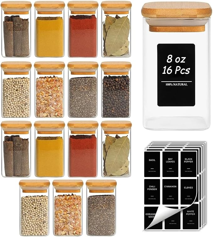 ComSaf Spice Jars with Labels 8 oz 16Pack, Small Spice Containers Starter Set by ComSaf