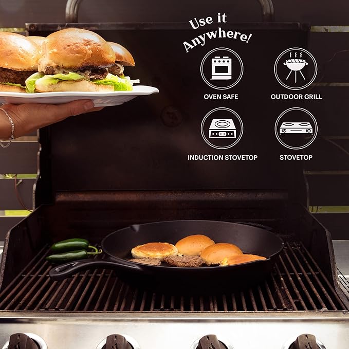 Cuisinel 15" Cast Iron Skillet + Glass Lid Cover + Pan Scraper + Heat-Resistant - Image 3