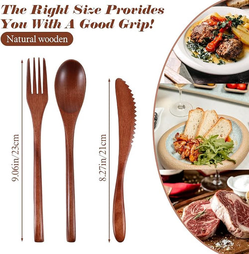 3 PCS Wooden Utensil Set for Eating, Wooden Forks Spoons Knife Reusable Wood - Image 2