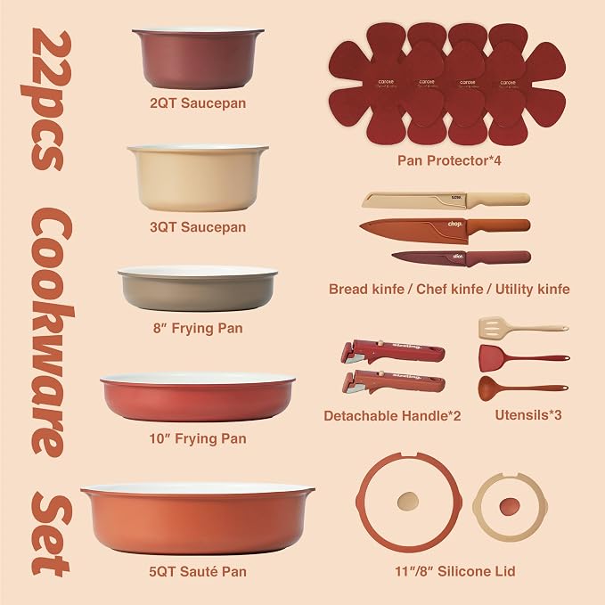 CAROTE 22 Pcs Non Stick Pots and Pans Set, Boho Ceramic Cookware Set Detachable - Image 2