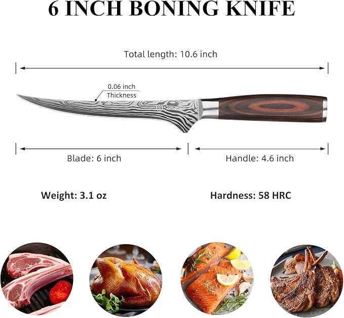 Sunnecko Boning Knife with Pakkawood Handle, 6 inch High Carbon German - Image 2