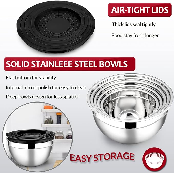 E-far Mixing Bowls with Lids Set of 5, Stainless Steel Black Mixing Bowls Metal - Image 3