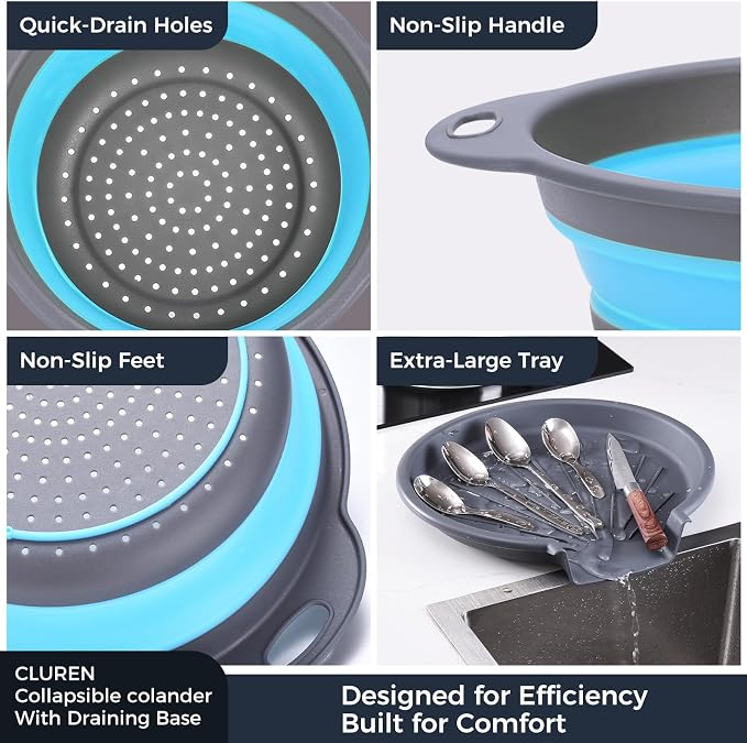 Collapsible Colander Set with Oversized Draining Tray | 3-Pack Foldable Kitchen - Image 6