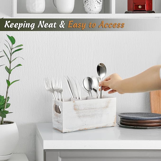 DRASTAR Wooden Silverware Caddy, Flatware Cutlery Holder, Kitchen Utensil Holder - Image 4