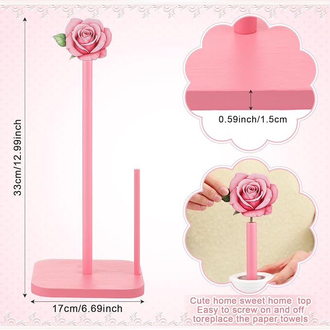 Leinuosen Pink Rose Paper Towel Holder Coquettish Cute Rose Wooden Paper Towel - Image 2
