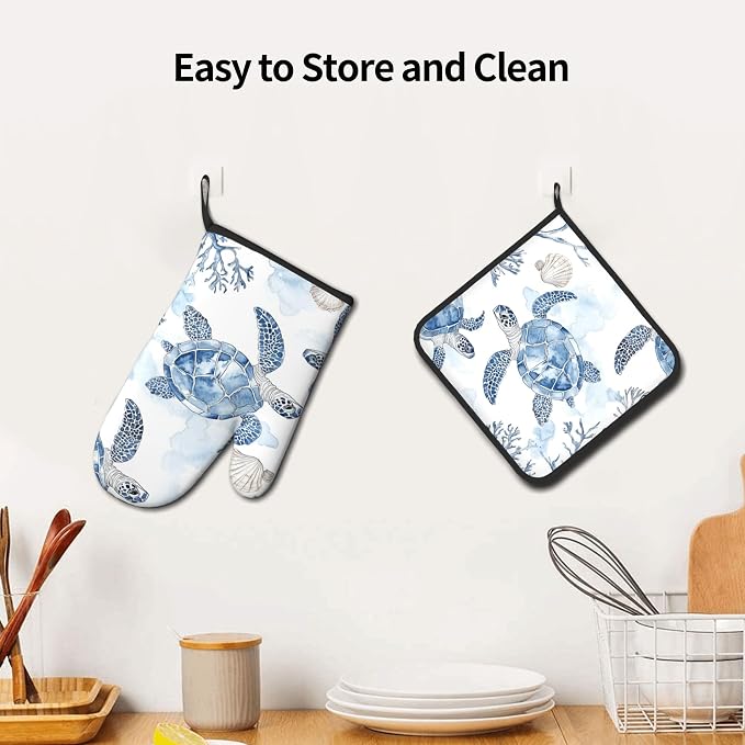 Navy Blue Ocean Sea Turtle Oven Mitts and Pot Holders Sets of 2 Summer Gift - Image 6