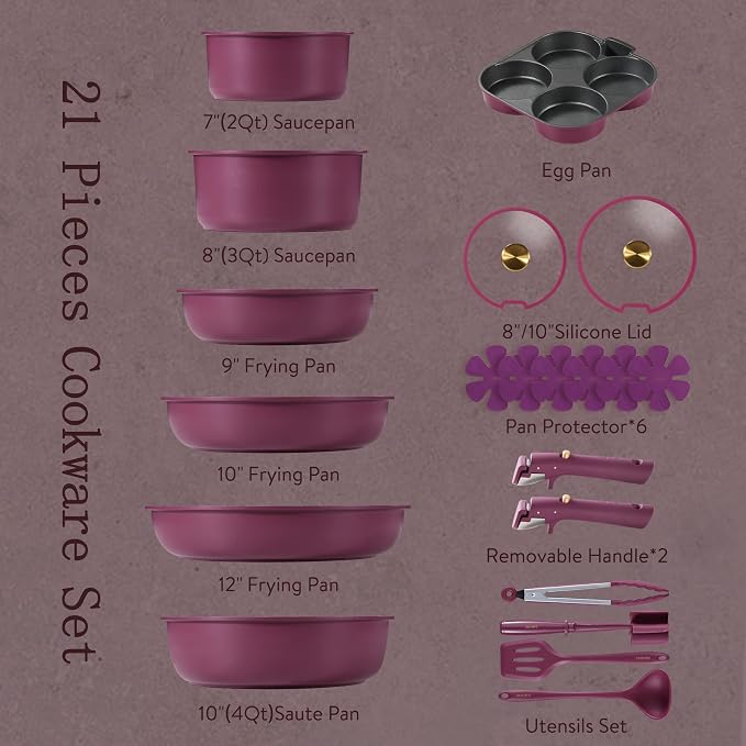 CAROTE 21pcs Pots and Pans Set, Nonstick Cookware Set Detachable Handle - Image 2