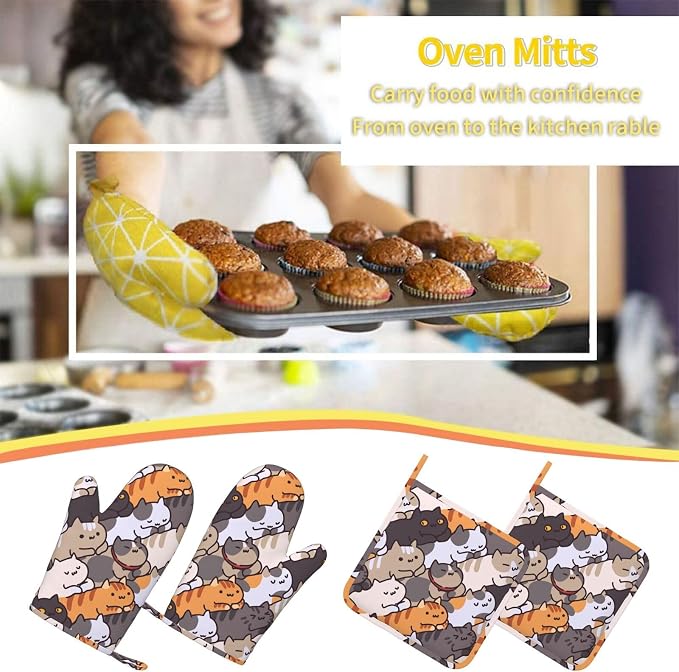 Fun Cat Cartoon Animal Face Oven Mitts and Pot Holders Set of 4 Silicone Heat - Image 7