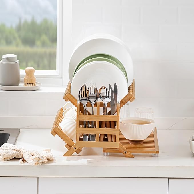 Bamboo Dish Drying Rack with Utensil Holder, 3 Tier Collapsible Dish Rack - Image 7