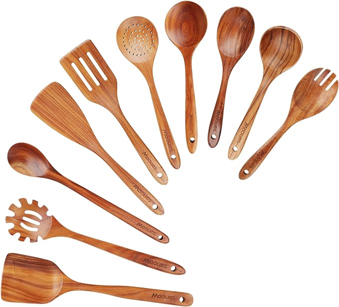 Mooues Wooden Spoons for Cooking, Wooden Utensils for Cooking Natural Teak by Mooues