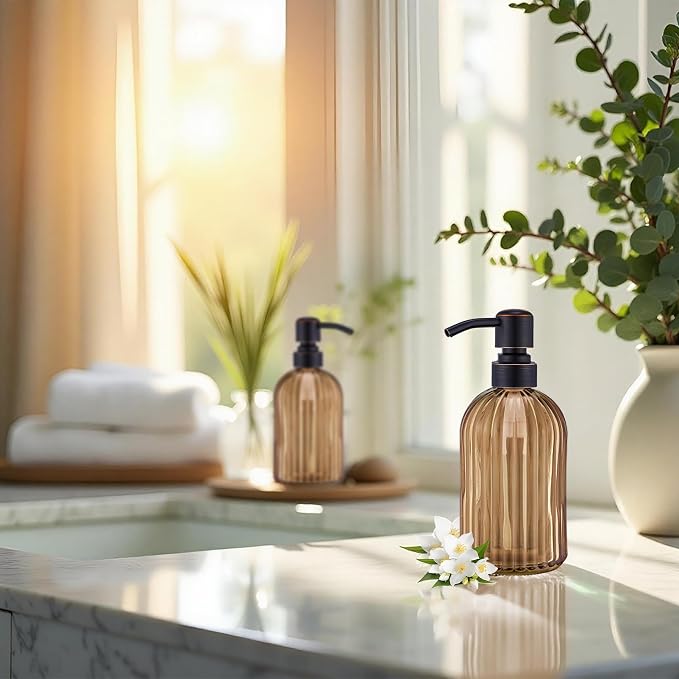 16 OZ Amber Glass Soap Dispenser, Amber Stripe Bathroom Hand Soap Dispensers - Image 5