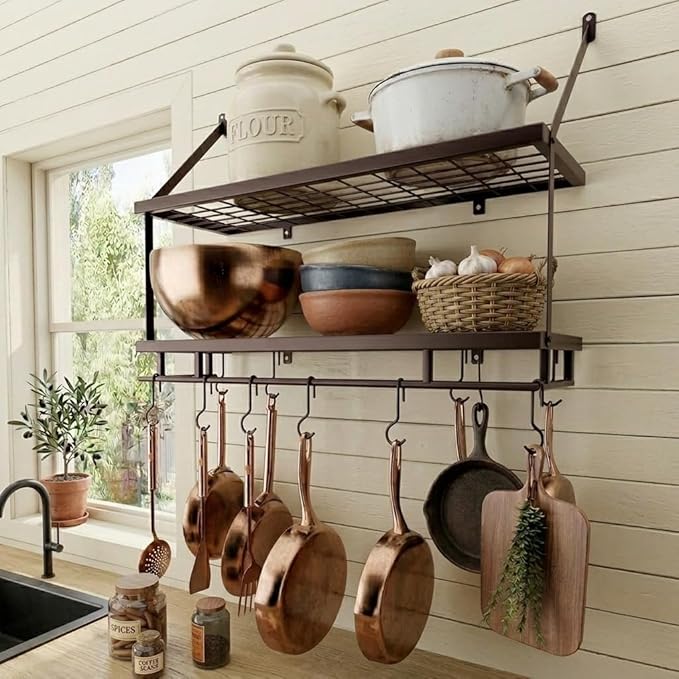 KES 30-Inch Oiled Bronze Pot Rack Wall Mounted, 2-Tier Hanging Pot and Pan by KES