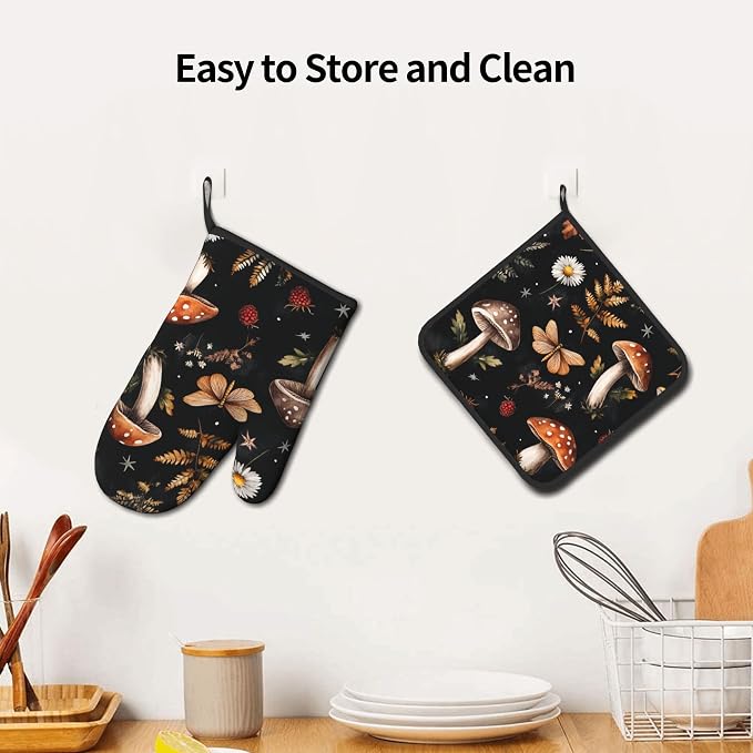 Mushroom Oven Mitts Set – Vintage Pot Holders Kitchen Gloves - Image 6