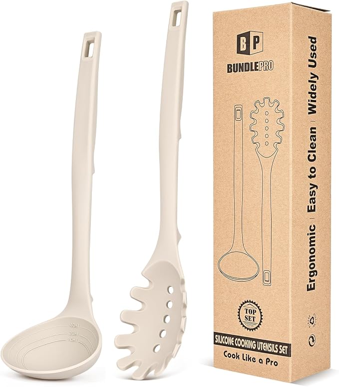 Silicone Pasta Fork and Soup Ladle Set, Heat Resistant Non Stick Kitchen by BUNDLEPRO