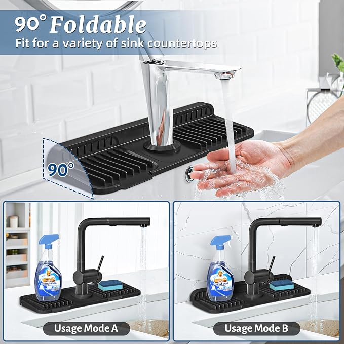 PoYang 14.6 inch Faucet Mat for Kitchen Sink Splash Guard, 7° Slope Silicone - Image 2