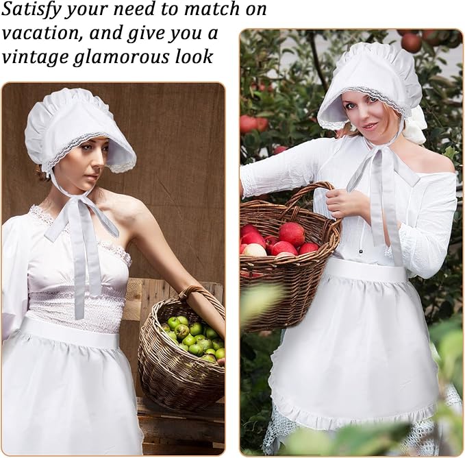 Tucnoeu 2pcs White Mob Cap Half Apron Halloween Colonial Costume Set Women - Image 4