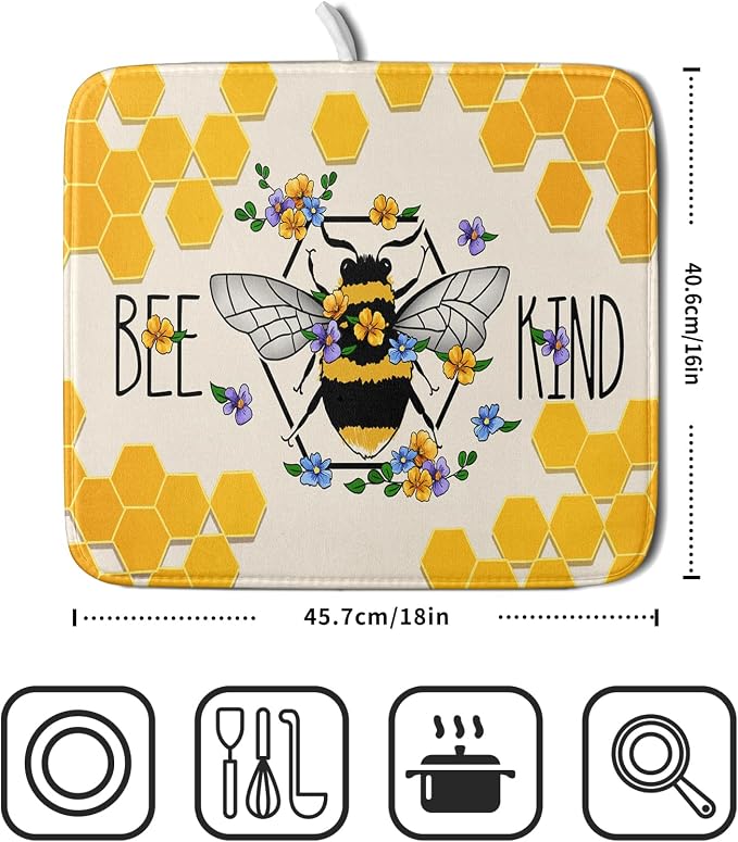 Giwawa Bee Kind Dish Drying Mat, Summer Bees Flowers Dish Drainer Mats - Image 2