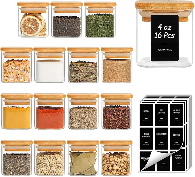 ComSaf 16Pcs Spice Jars with Labes, Glass Jar with Bamboo Lid, 4oz Airtight by ComSaf