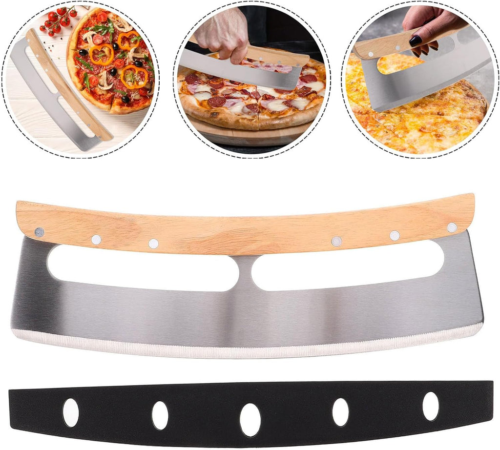 Pizza Rocker Cutter with Stainless Steel Semicircular Blade Wooden