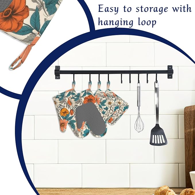 Vintage Floral Potholders & Oven Mitts Sets Abstract Flowers Silicone Heat - Image 3