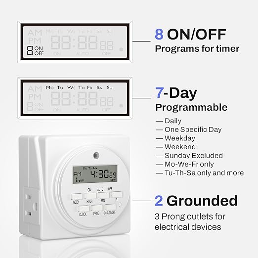 BN-LINK Indoor Digital Timer Outlet, Dual Outlet 7 Day Programmable Light Switch - Image 3