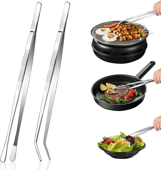 12-Inch 2-in-1 Kitchen Tongs Set, Round & Curved Stainless Steel BBQ Tongs by HomePage