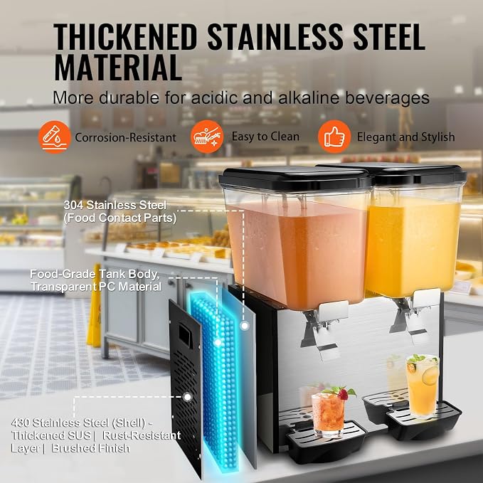 VEVOR Commercial Beverage Dispenser, 2 Tanks 18 L / 19 QT Per Tank Juice - Image 4