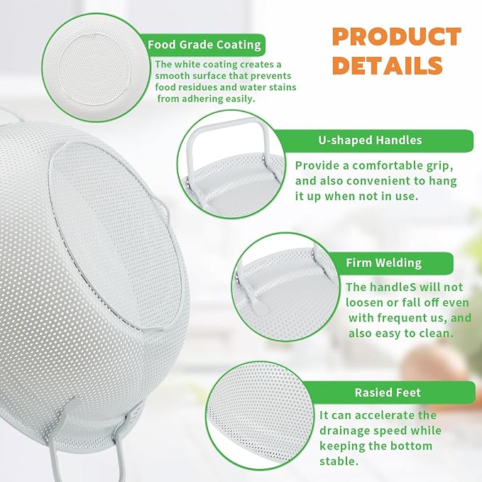 Colander Set with White Coating, Stainless Steel Micro-Perforated Colanders - Image 3