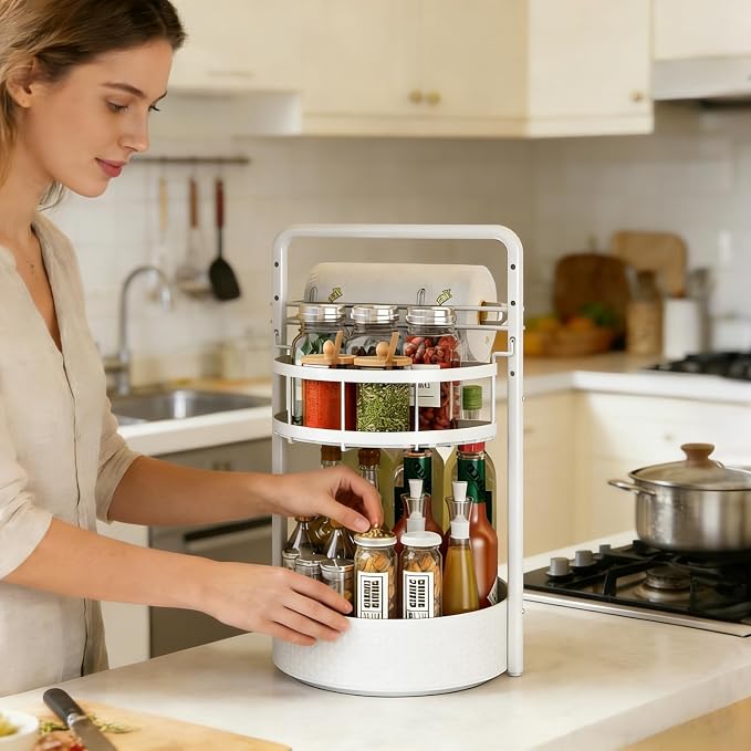 Rotating Spice Rack with Paper Towel Holder, 2 Tier Turntable Lazy Susan - Image 2