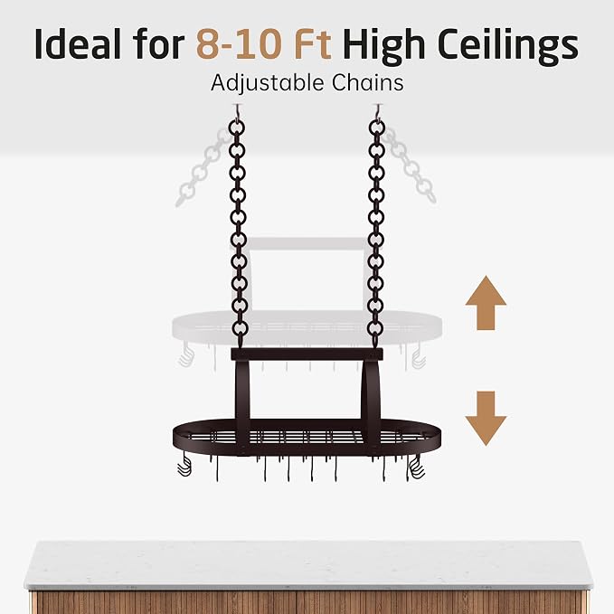 KES 34 Inch Oiled Bronze Hanging Pot Rack, Heavy Duty Oval Pot and Pan Hanging - Image 8