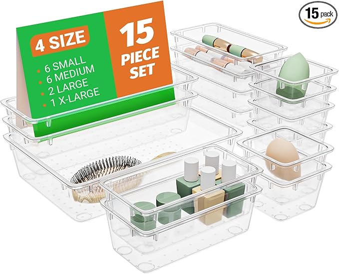 SpaceHacks 15 PCS Clear Plastic Drawer Organizer Set, 4-Size Acrylic Drawer by SpaceHacks