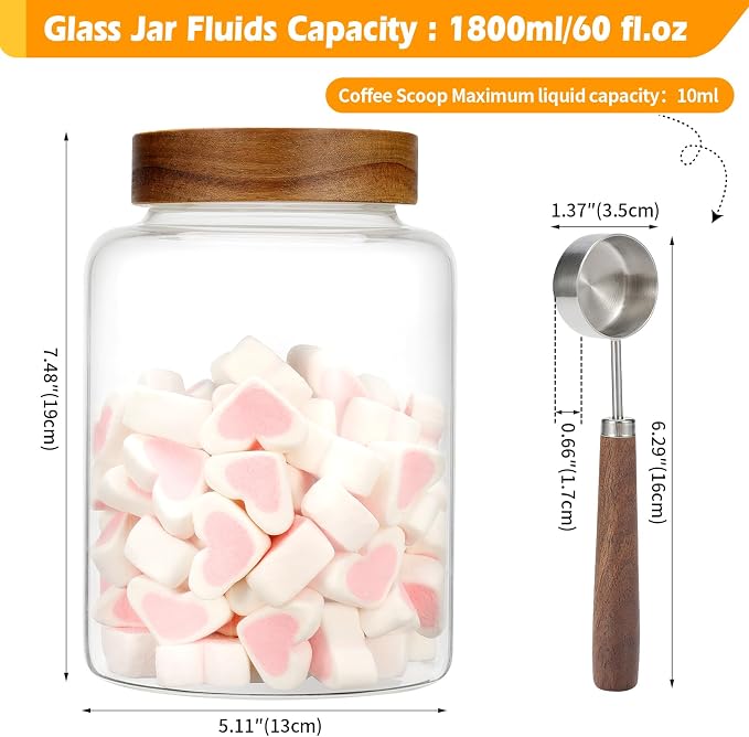 Large Glass Coffee Jars with Spoons 60 oz /1800ml, Round Storage Canister with - Image 2