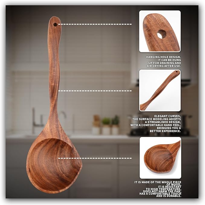 Wooden Ladle Spoon Set, 3 Size Teak Large Soup Ladel Wood Spoons - Image 5