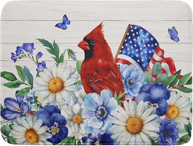4th of July Dish Drying Mat for Kitchen Counter Cardinal Patriotic Flowers by Unknown