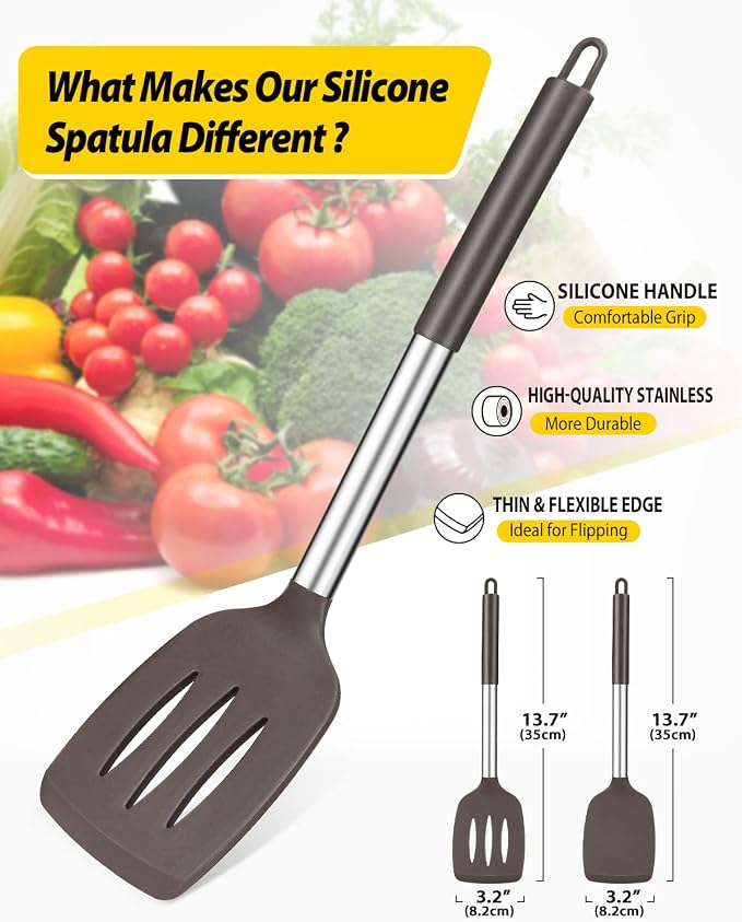 Pack of 2 Silicone Solid Turner, Non Stick Slotted Kitchen Spatulas, High Heat - Image 2