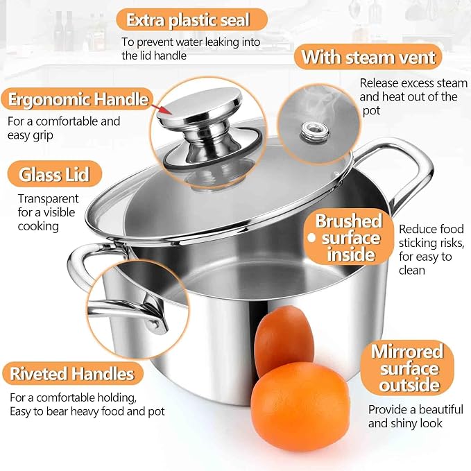P&P CHEF 4 Quart Tri-Ply Stainless Steel Stock Pot, 4 Qt Stockpot Pasta Cooking - Image 3
