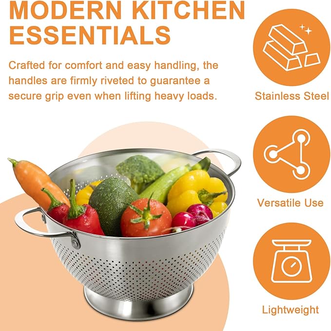 Stainless Steel Colander for Kitchen | 5 Quart Durable Rice and Pasta Strainer - Image 3