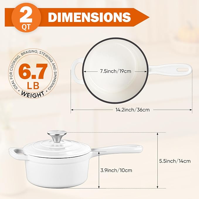 Homikit Small Cast Iron Pot, 2 Quart Enameled Cast Iron Sauce Pan - Image 2