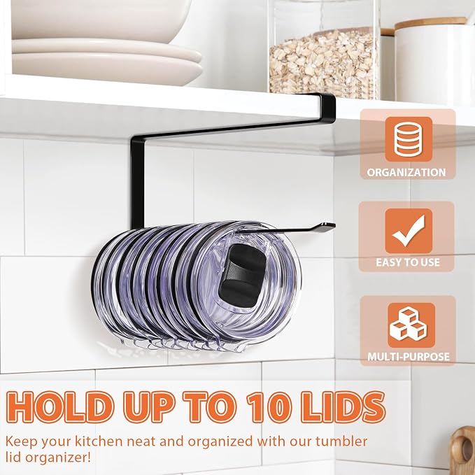 Tumbler Lid Organizer, Horizontal Tumbler Lid Storage Hook Up to 10 Lids - Image 2