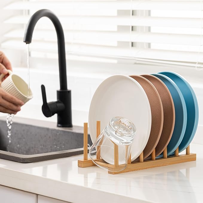 HBlife Bamboo Dish Plate Bowl Cup Book Pot Lid Cutting Board Drying Rack Stand - Image 4