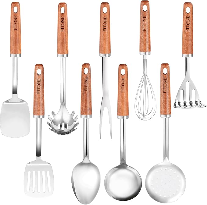 9PCS 18/8 Stainless Steel Kitchen Utensils Set, Heavy Duty Wooden Handle by Unknown