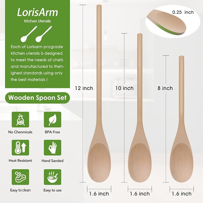 LorisArm 3PC Wooden Spoon for Cooking, Long handle 12" 10" 8" Wood Serving - Image 2