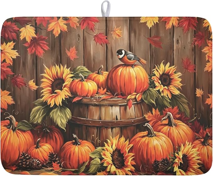 Fall Pumpkin Dish Drying Mat for Kitchen Counter Thanksgiving Autumn Harvest by Unknown