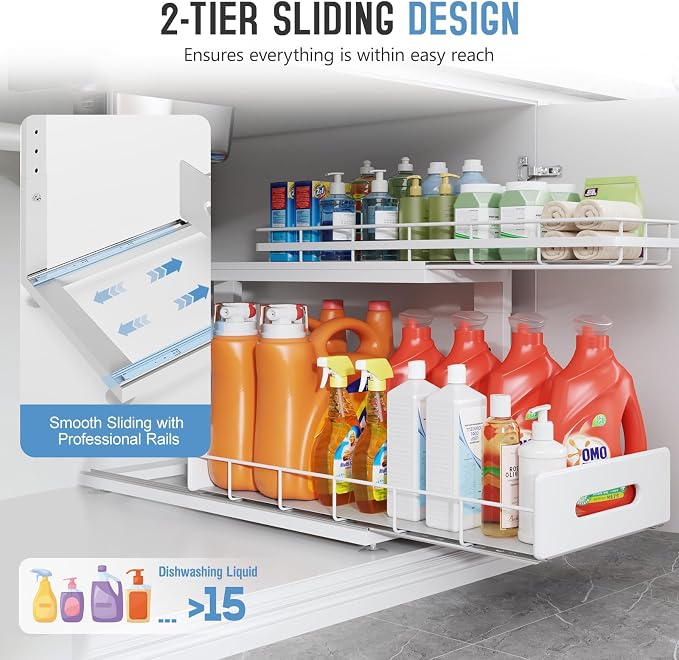 Under Sink Organizer Upgrade To Professional Rails, 2-Tier Dual Pull Out - Image 5