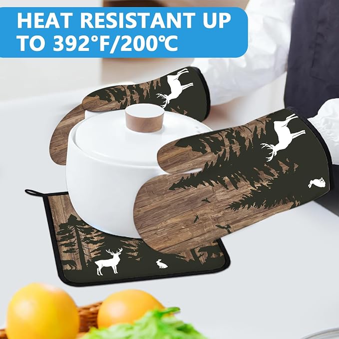 Deer Forest Wood Grain Oven Mitts and Pot Holders Sets Heat Resistant 4Pcs - Image 5