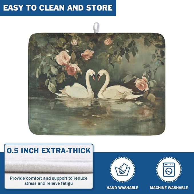 Swans Dish Drying Mat 24x18 Inch, Wildlife Aesthetic Dish Drainer Mats Summer - Image 5
