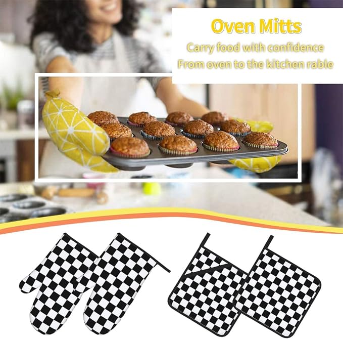 Checkered Black and White Plaid Oven Mitts and Pot Holders Set of 4, Heat - Image 2
