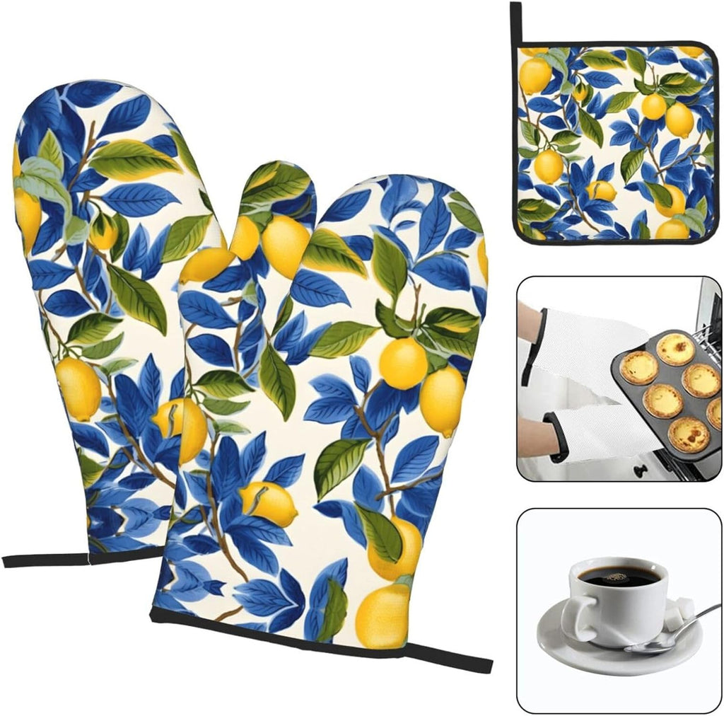Blue and Yellow Lemon Oven Mitts and Pot Holders Sets of 3 Heat